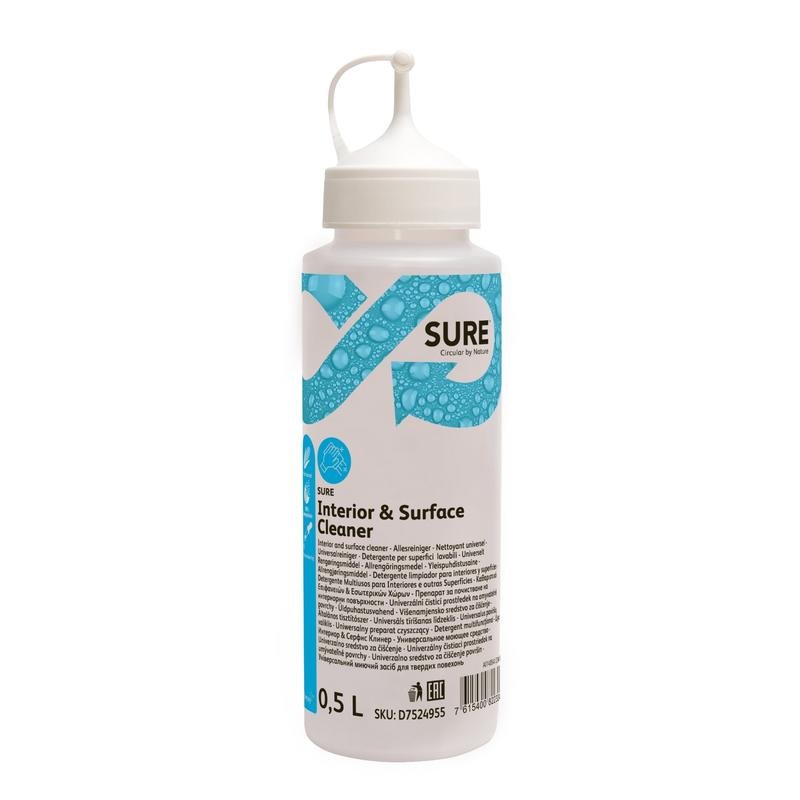A white 0.5-liter SURE Interior & Surface Cleaner dosing bottle from Diversey Deutschland GmbH & Co. OHG stands upright with its blue design and flip-top closure against a simple white background, symbolizing hygienic cleanliness.