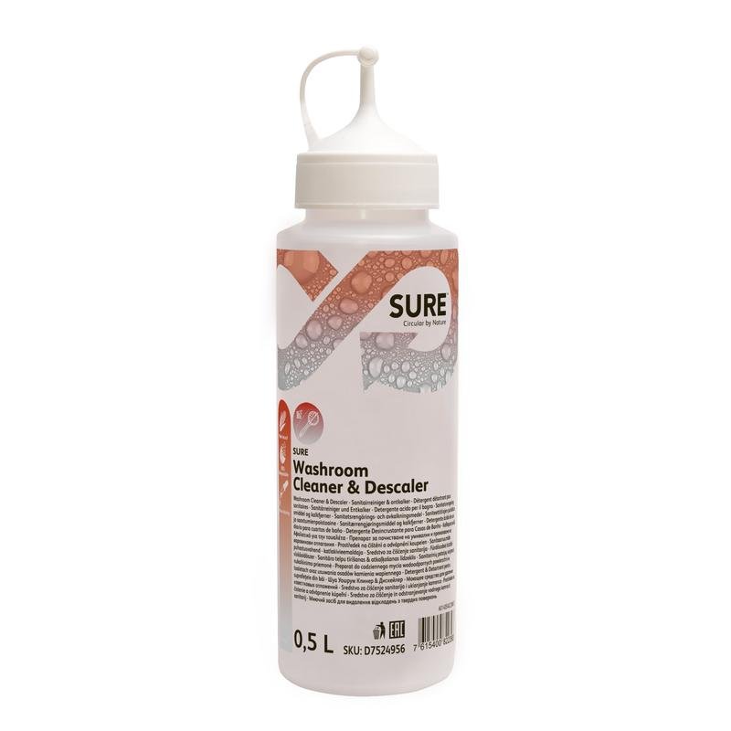 The 0.5 liter SURE Washroom Cleaner & Descaler dosing bottle from Diversey Deutschland GmbH & Co. OHG, with a white nozzle cap, is ideal for effective bathroom cleaning; with product information in black lettering and bubble design.