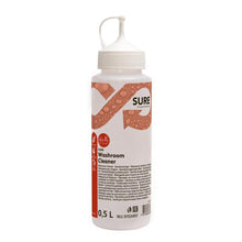 A 0.5-liter SURE Washroom Cleaner dosing bottle from Diversey Deutschland GmbH & Co. OHG features a sustainable formula, a nozzle cap, and a white-red label with product information and instructions.