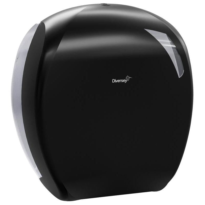 The toilet paper jumbo roll holder Maxi from Diversey Deutschland GmbH & Co. OHG is a black dispenser with a transparent right side and logo in the center - ideal for commercial sanitary areas. Pictured against a white background.