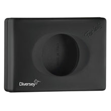 The Diversey Germany hygiene bag dispenser made of black plastic has a rectangular shape, an oval opening in the middle, "For lady" embossing at the top right, and a white logo at the bottom left. "Made in Italy" inside - perfect for hygiene products in the bathroom.