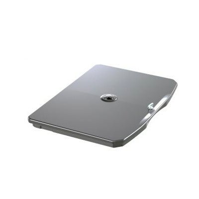 A rectangular metallic DI Protect Trolley Lid (pack of 1 piece) from Diversey Deutschland GmbH & Co. OHG, with a circular indentation in the middle and a small elevation to protect the trolley, depicted on a white background.