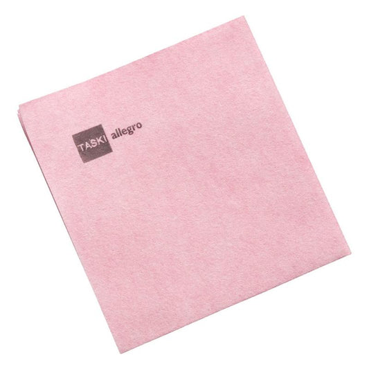 A single light pink TASKI Allegro non-woven cloth from Diversey Deutschland GmbH & Co. OHG, with "TASKI allegro" in gray in the upper left corner, on a white background (50 pack).