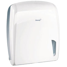 A white paper towel dispenser for Z-fold towels made of plastic (34.5 x 30.6 x 11.2 cm) with a transparent display and Diversey logo - ideal for hygienic areas. Manufacturer: Diversey Deutschland GmbH & Co. OHG.