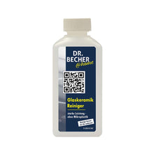 A 250 ml bottle of DR.BECHER @home CERAN cooktop glass ceramic cleaner by Dr. Becher GmbH, with a blue label and QR code. The cleaner is strong, effective, and microplastic-free for CERAN cooktops.
