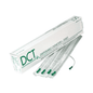 Image of a box labeled “DCT suction catheter straight, 53 cm length, CH 18 – 50 pieces” from Servoprax GmbH. Several individually packaged catheters are partially pulled out, showing their green tips. The box is white with green text and indicates that each catheter is sterile packaged.