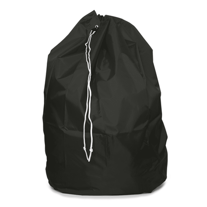 The DEISS disposal bag with PP cord and bottom loop from EMIL DEISS KG (GmbH + Co.) presents itself as a large, black drawstring bag made of durable polyester. With a capacity of 120 liters, it is securely closed with a white drawstring and is ideal for storage or transport.