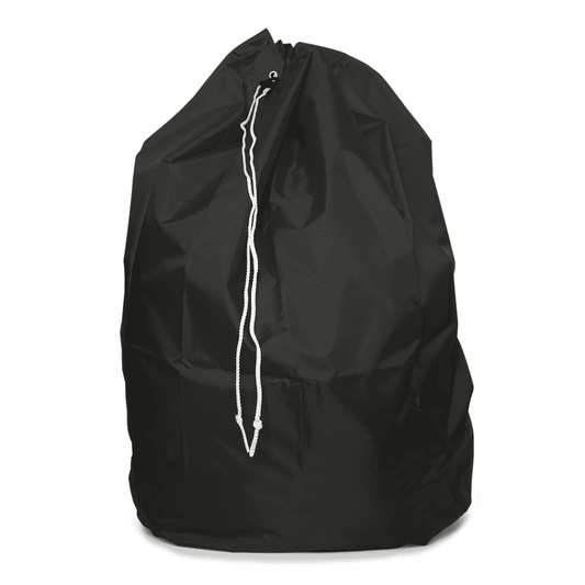 The DEISS disposal bag with PP cord and bottom loop from EMIL DEISS KG (GmbH + Co.) presents itself as a large, black drawstring bag made of durable polyester. With a capacity of 120 liters, it is securely closed with a white drawstring and is ideal for storage or transport.