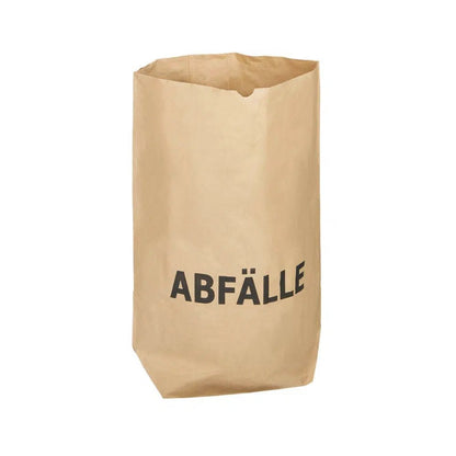 A durable and environmentally friendly DEISS paper bag with the striking print "WASTE" stands upright in front of a simple white background. This compostable bag from EMIL DEISS KG (GmbH + Co.) is specially designed for waste.