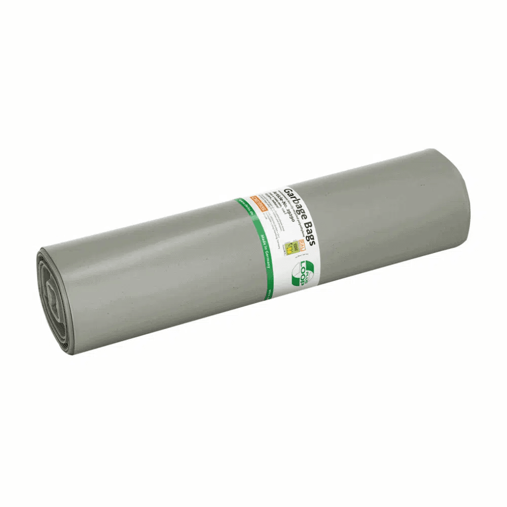 The DEISS LOOP PLUS trash bags 29290, a 120-liter gray plastic tarp from the brand EMIL DEISS KG (GmbH + Co.), are marked with texts and symbols in striking green and black markings. The cylindrical tarp is made from recycled material and adheres to the principles of the circular economy, making it versatile in use.
