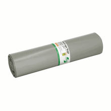 The DEISS LOOP PLUS trash bags 29290, a 120-liter gray plastic tarp from the brand EMIL DEISS KG (GmbH + Co.), are marked with texts and symbols in striking green and black markings. The cylindrical tarp is made from recycled material and adheres to the principles of the circular economy, making it versatile in use.