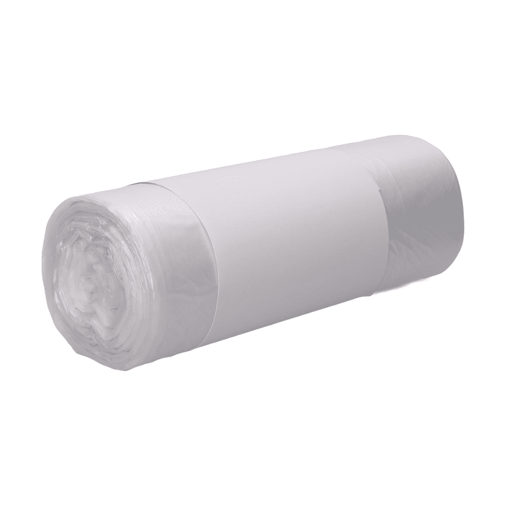 The DEISS garbage bag made of HDPE, 59983, is presented as a compact large roll with a simple white paper label. The transparency of the 30-liter bags from EMIL DEISS KG (GmbH + Co.) is clearly visible at the edges, against a subtle and neutral background.