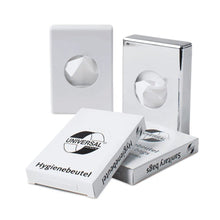 Displayed are four white dispensers for hygiene bags. Two dispensers have a glossy surface and the other two have a matte one. The dispenser at the front is labeled "Hygienebeutel Hygiene Bags" with a globe logo, is specifically designed for feminine hygiene products, and is made from durable PE-HD film material. The product is known as DEISS Universal Hygiene Bags by the brand EMIL DEISS KG (GmbH + Co.) and contains 30 bags per package.