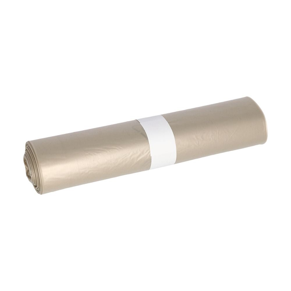 A rolled-up garbage bag from EMIL DEISS KG (GmbH + Co.), specifically the DEISS BLAUER ENGEL 120 liter trash bags, type 60, is secured with a white paper band. The bag is made of recycled LDPE and is available in beige.