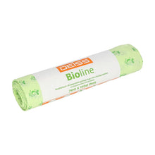 A roll of green, biodegradable DEISS organic waste bags 120 liters, with the inscription "EMIL DEISS KG (GmbH + Co.)", with the dimensions 700 x 1100 mm. The packaging clearly shows the lettering "biodegradable" in several languages.