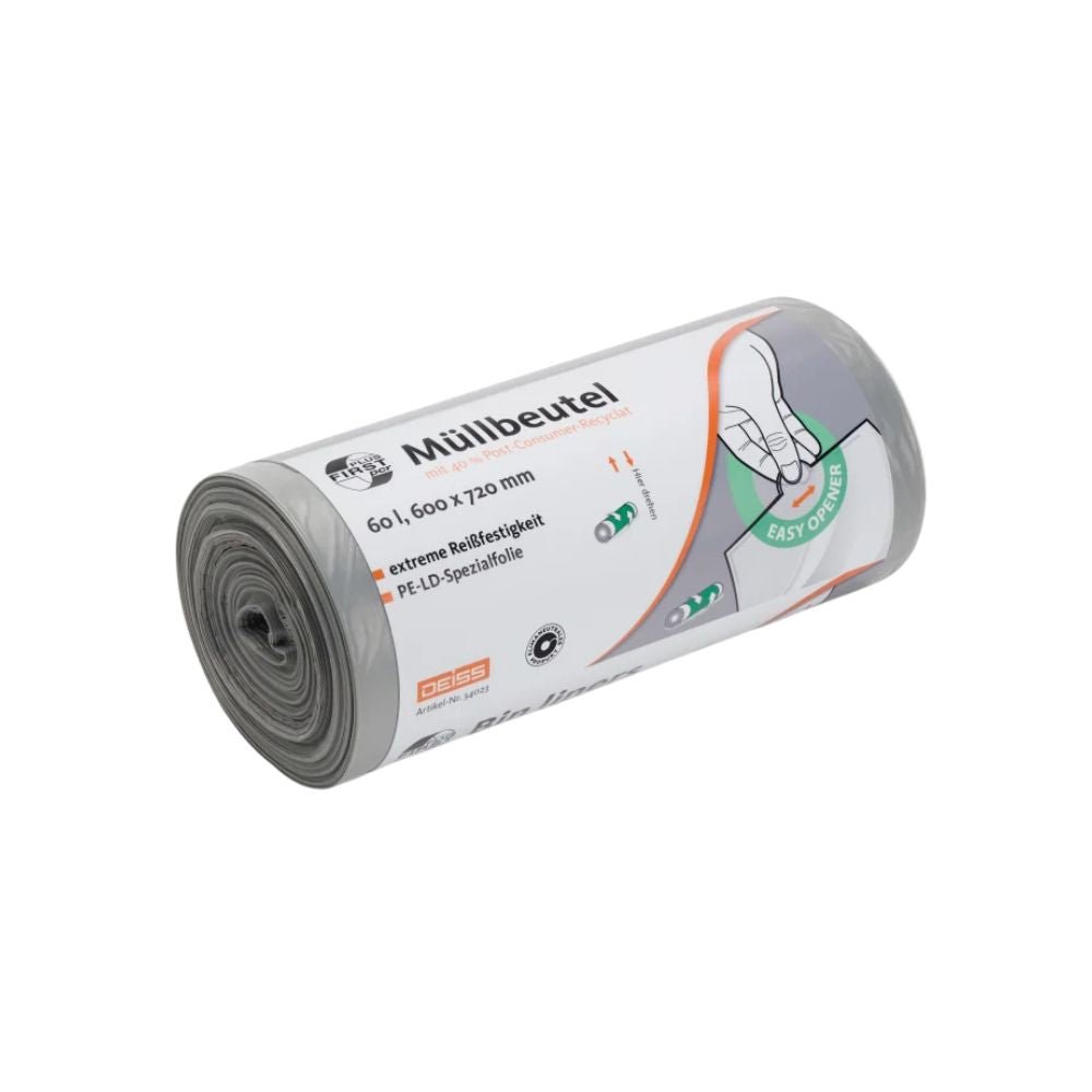 The DEISS First Plus Pcr garbage bag 60 liters, 34042 from EMIL DEISS KG (GmbH + Co.) is a roll of gray garbage bags made from LDPE material with "extra tear resistance". These climate-neutrally produced bags feature an easy-to-open design and have a capacity of 60 liters.