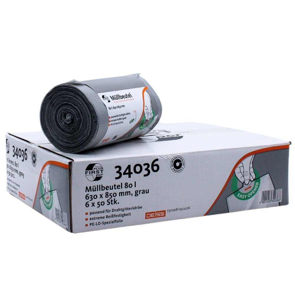 On a carton with the number 34043 lies a roll of gray DEISS First Plus PCR garbage bags. The bags made of LDPE and post-consumer recycled material are 63 x 85 cm in size and have a capacity of up to 80 liters. The packaging of EMIL DEISS KG (GmbH + Co.) is equipped with an easy-open graphic that provides additional comfort.