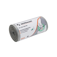 A roll of DEISS First Plus PCR garbage bags, offered by EMIL DEISS KG (GmbH + Co.), contains gray bags made of LDPE. Each 80-liter bag measures 1,630 x 850 mm and contains a German label with product details as well as a diagram for using the cable tie. These environmentally friendly bags are made from post-consumer recycled material.