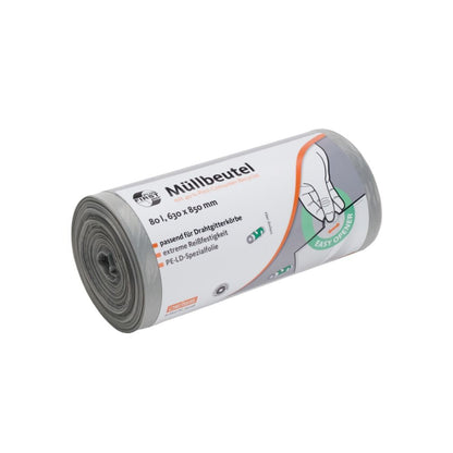 A roll of DEISS First Plus PCR garbage bags, offered by EMIL DEISS KG (GmbH + Co.), contains gray bags made of LDPE. Each 80-liter bag measures 1,630 x 850 mm and contains a German label with product details as well as a diagram for using the cable tie. These environmentally friendly bags are made from post-consumer recycled material.