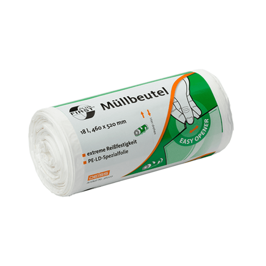 A rolled package of white garbage bags with a green-white label featuring German text. The label highlights features such as "extremely tear-resistant" (puncture and tear-resistant) and "Easy Opener." This is the DEISS First Plus® garbage bag 18 liters, made from premium LDPE, with dimensions 460 x 520 mm, from EMIL DEISS KG (GmbH + Co.).