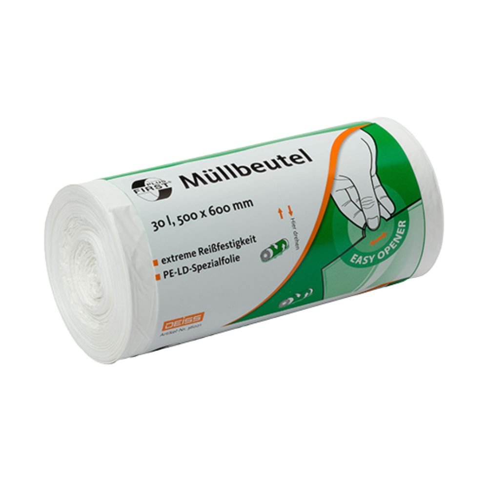 A roll of DEISS First Plus® garbage bags 30 liters, Premium LDPE, product number 36021, from EMIL DEISS KG (GmbH + Co.), features a white LDPE design with the inscription “garbage bags” in dimensions 500 x 600 mm. The packaging shows a green and white motif with the image of a hand highlighting the “Easy-Opener” mechanism.
