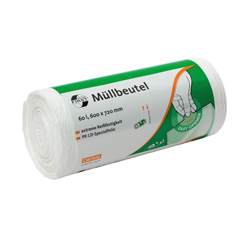 A roll of white DEISS First Plus® trash bags from EMIL DEISS KG (GmbH + Co.) with a capacity of 60 liters and made of high-quality LDPE material. The packaging emphasizes "extreme tear resistance" and includes an Easy Opener graphic for additional comfort.