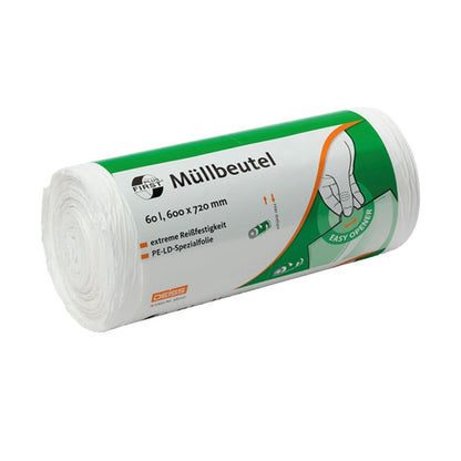 A roll of white DEISS First Plus® trash bags from EMIL DEISS KG (GmbH + Co.) with a capacity of 60 liters and made of high-quality LDPE material. The packaging emphasizes "extreme tear resistance" and includes an Easy Opener graphic for additional comfort.