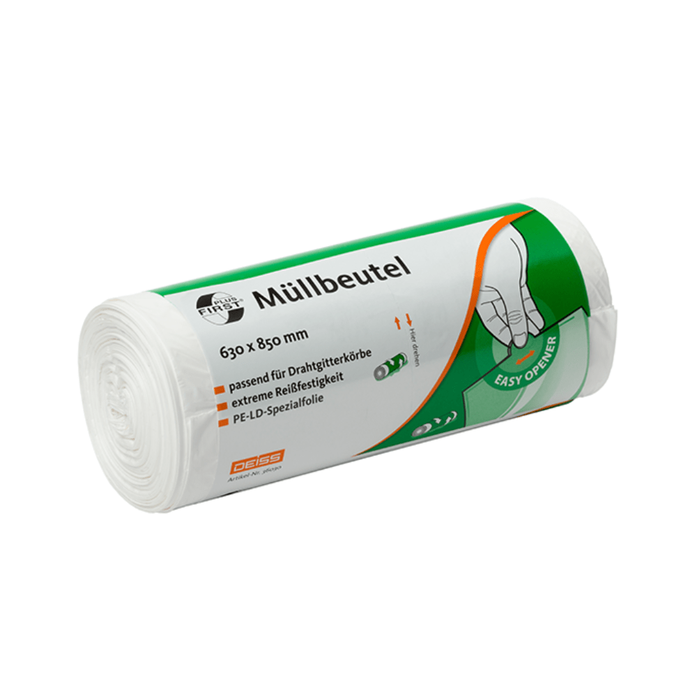 A roll of DEISS First Plus® garbage bags 80 liters LDPE 36030, labeled by EMIL DEISS KG (GmbH + Co.), measures 630 x 850 mm and offers a sustainable disposal solution. The packaging includes a hand image with the note "easy to open" and mentions compatibility with wire baskets as well as extreme tear resistance.