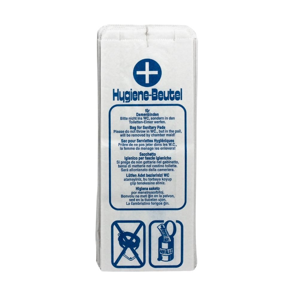 The DEISS hygiene bag 07146, a white disposal bag from EMIL DEISS KG (GmbH + Co.), is made of recycled paper and has a blue text with a cross symbol on the top. It contains detailed instructions in multiple languages, including guidelines for ladies' toilets. A graphic at the bottom advises against flushing sanitary pads or diapers down toilets.