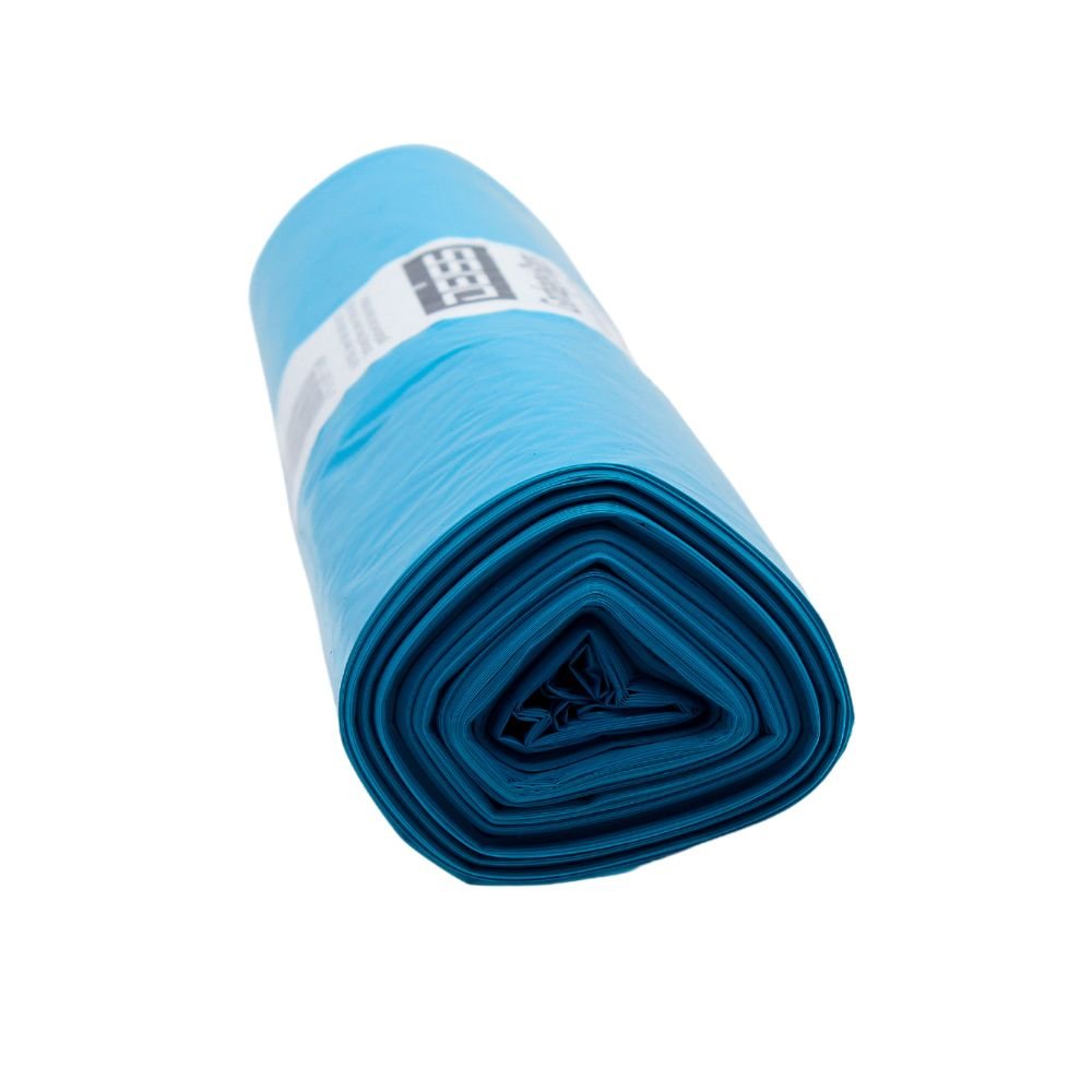 A rolled-up blue trash bag of the type DEISS Trash Bags 120 Liters Type 60, manufactured by EMIL DEISS KG (GmbH + Co.) from tear-resistant recycled LDPE, features a white label wrapped in the middle against a flawlessly white background.