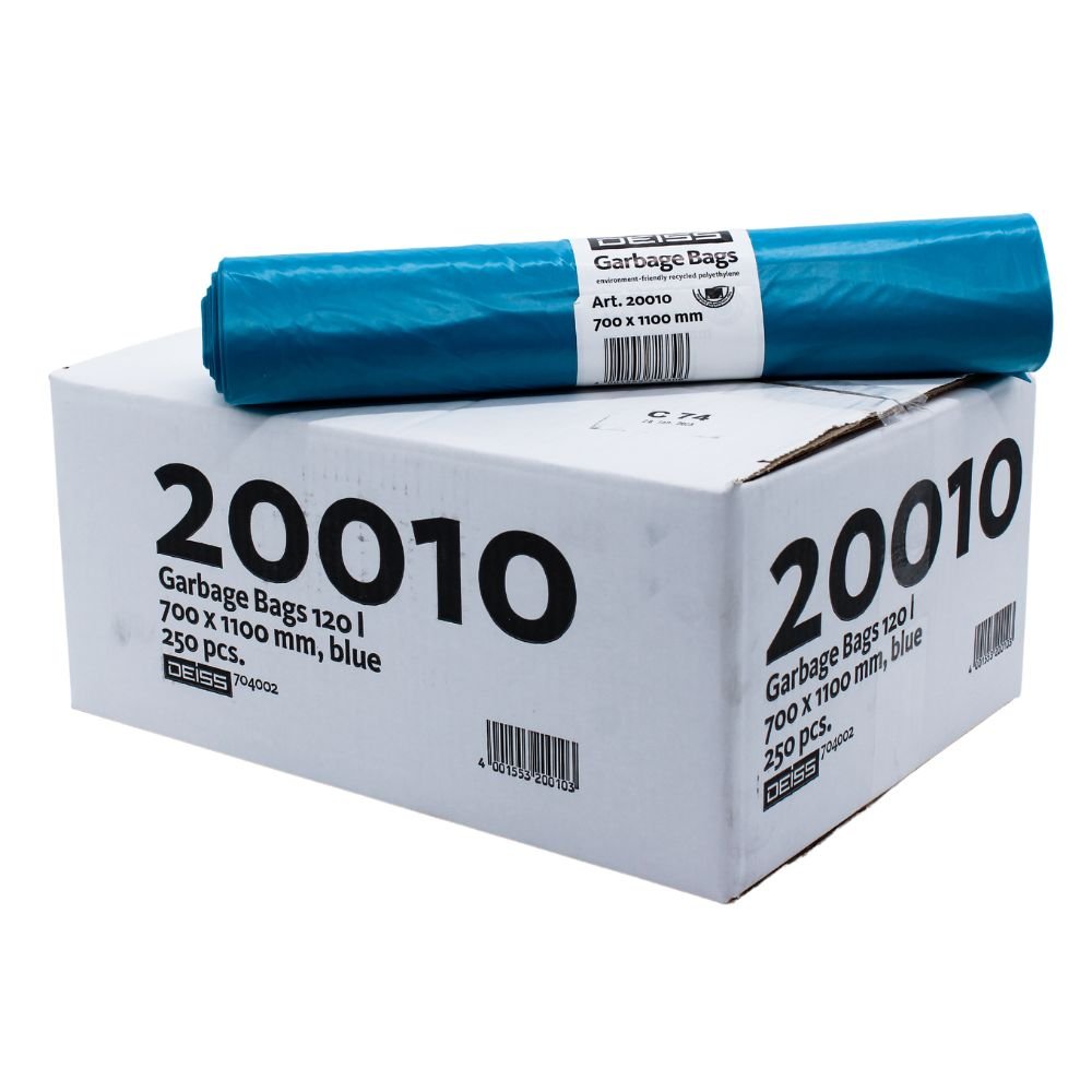 On a white cardboard box with the inscription "DEISS Trash Bags 120 Liters Type 60, 20010, blue," there is a roll of blue trash bags from EMIL DEISS KG (GmbH + Co.) made from recycled LDPE. These tear-resistant bags are equipped with product details and identification numbers to ensure greater sustainability.
