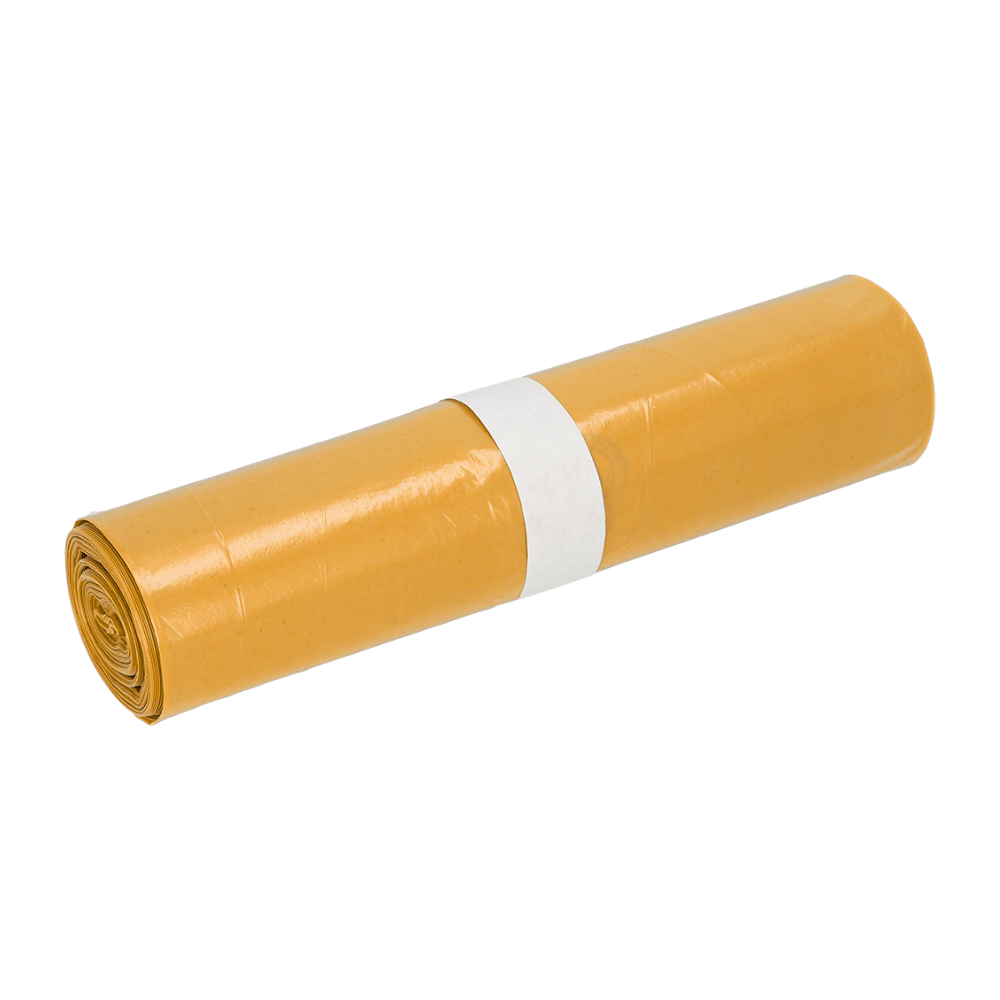 A roll of EMIL DEISS KG (GmbH + Co.) DEISS garbage bags Type 60, 575x1000 mm, 70 l, made from recycled LDPE, with a white paper band in the middle, on a white background.