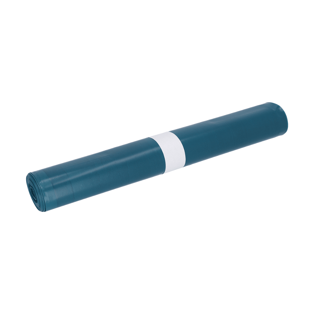 A teal roll of DEISS garbage bags made from LDPE, 90396, 200 liters, type 100, by EMIL DEISS KG (GmbH + Co.) is equipped with a white paper band in the middle. It is placed on a simple white background, making it ideal for efficient waste management.