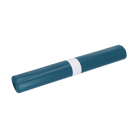A teal roll of DEISS garbage bags made from LDPE, 90396, 200 liters, type 100, by EMIL DEISS KG (GmbH + Co.) is equipped with a white paper band in the middle. It is placed on a simple white background, making it ideal for efficient waste management.