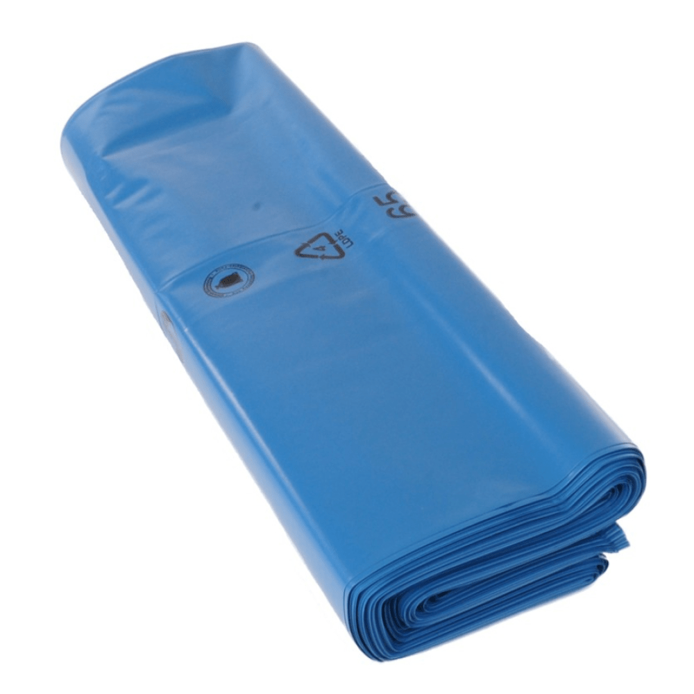 A stack of folded DEISS Premium garbage bags 10114 from EMIL DEISS KG (GmbH + Co.) shows a recycling symbol and the capacity number on top. These 180-liter bags made from shiny, durable recycled high-density polyethylene offer puncture and tear resistance while being neatly organized.