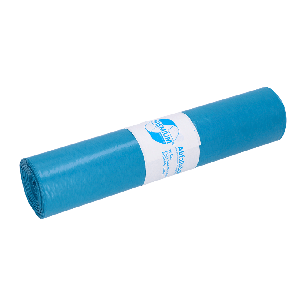 A rolled-up DEISS Premium garbage bag LDPE 20045, Type 60, 120 liters from EMIL DEISS KG (GmbH + Co.) with a white label and elaborate design is depicted on a plain white background. The label advertises premium quality and illegible text, and the blue garbage bag is made from recycled LDPE.