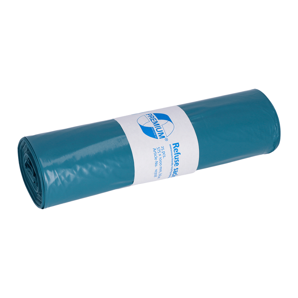 Against a plain white background rests a roll of blue DEISS Premium garbage bags made of LDPE from EMIL DEISS KG (GmbH + Co.), with a white label that displays the logo and highlights the top product quality.