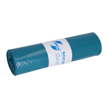 Against a plain white background rests a roll of blue DEISS Premium garbage bags made of LDPE from EMIL DEISS KG (GmbH + Co.), with a white label that displays the logo and highlights the top product quality.