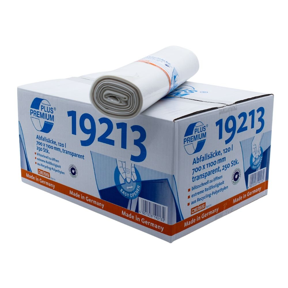 The image shows a box labeled “DEISS Premium Plus® 120 Liter Garbage Bags Type 60 19213” from EMIL DEISS KG (GmbH + Co.), containing transparent garbage bags with dimensions of 700 x 1100 mm and a capacity of 120 liters. These bags, made in Germany from recycled material, emphasize sustainability, with the roll partially visible at the top.