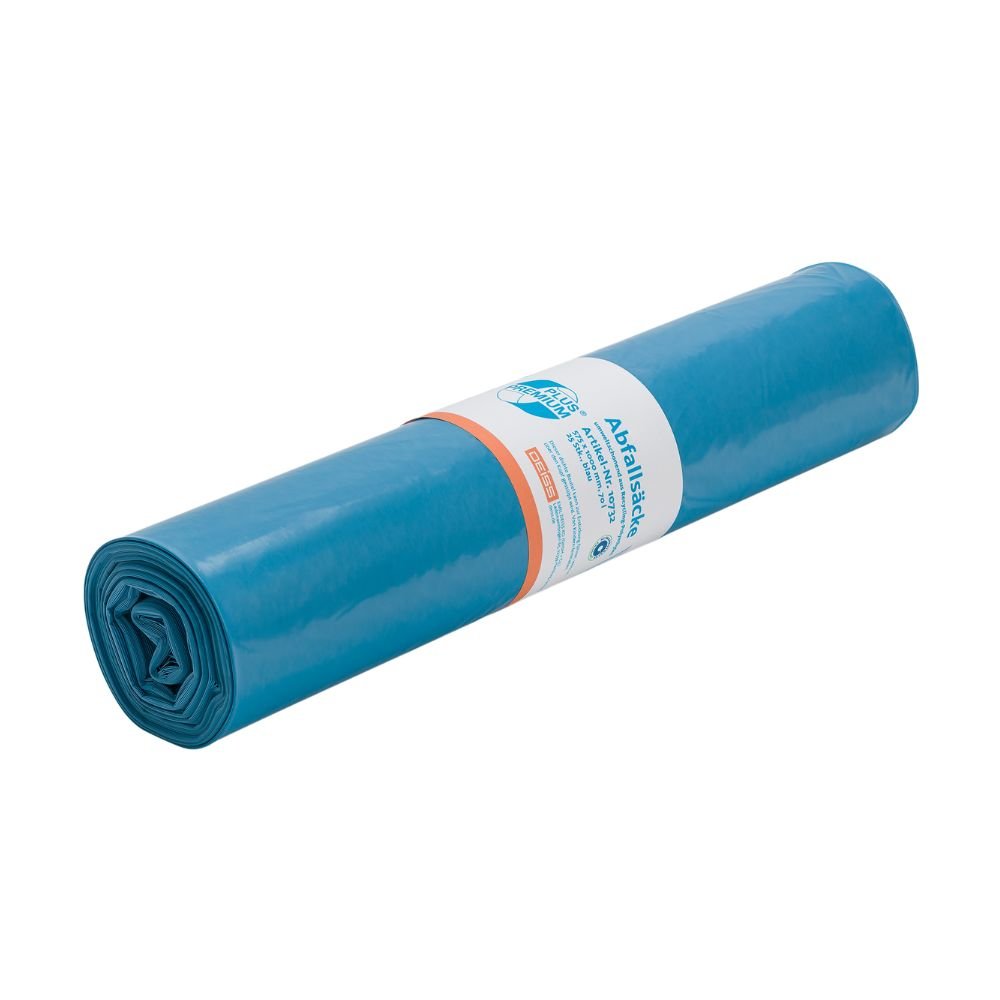 A roll of DEISS Premium Plus® 70 Liter Garbage Bag Blue 10732 is neatly rolled up and wrapped with a white label. The label with text and a small logo provides information about the product and points out the climate-neutral production by EMIL DEISS KG (GmbH + Co.). These bags made from recycled PE materials are shown against a plain white background.