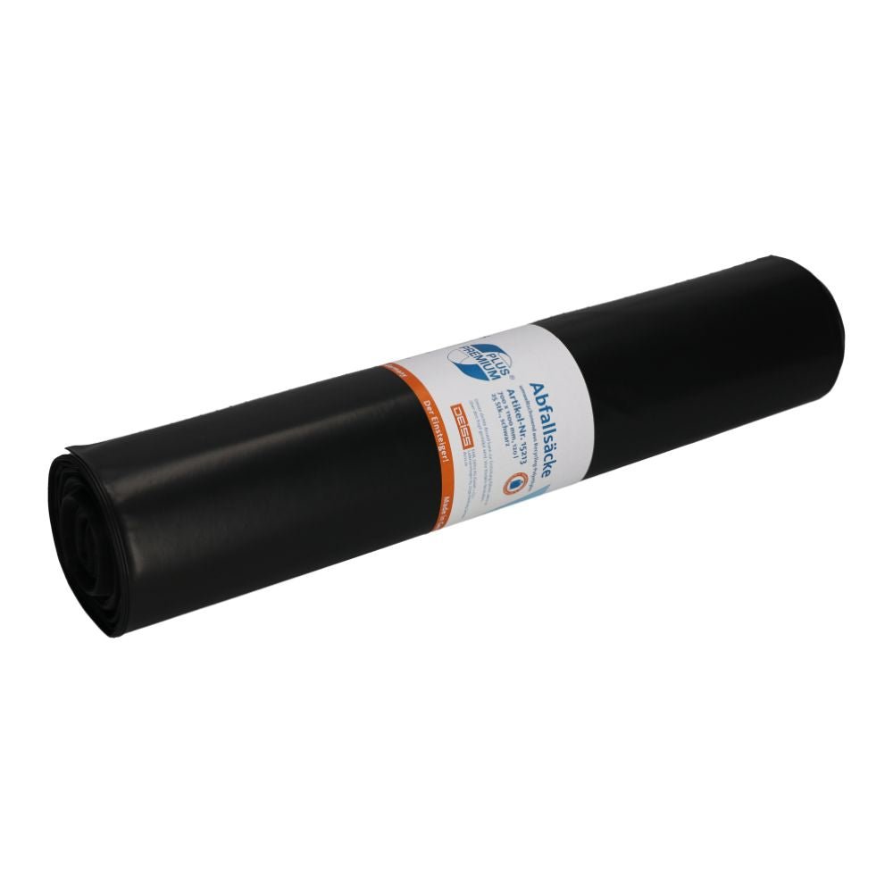 A rolled-up black tarp with a Recycling-LDPE label including text and barcode presents itself as a climate-neutral product on a plain white background, highlighting the sustainability of the DEISS Premium Plus® garbage bags type 60, 15213 from EMIL DEISS KG (GmbH + Co.).