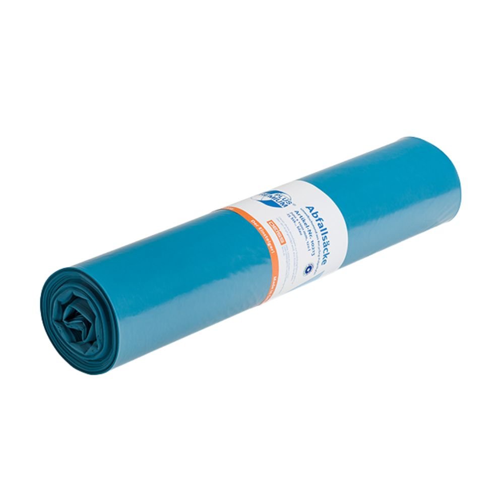 A blue roll of DEISS Premium Plus® Type-60 Trash Bags 10213 with a capacity of 120 liters is neatly packaged and has a white label in the middle. These bags, adorned with text and logos, from EMIL DEISS KG (GmbH + Co.) are made from recycled material and are therefore perfect for efficient waste disposal.