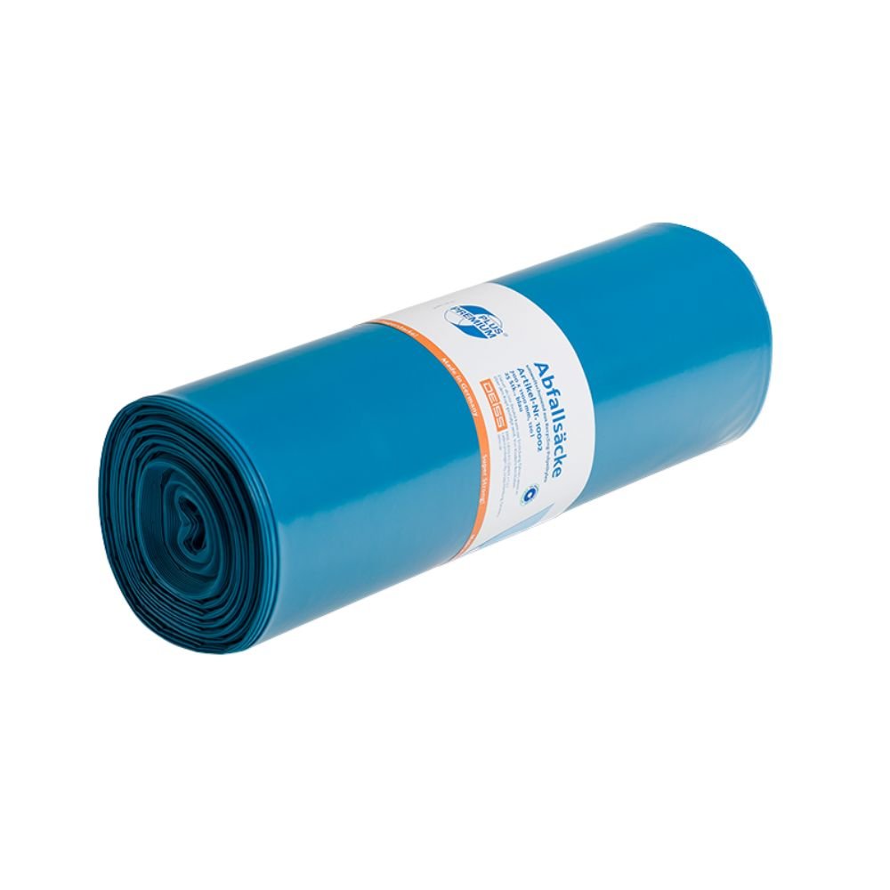 On a plain white background, a rolled garbage bag from the DEISS Premium Plus® line is presented, equipped with a climate-neutral label with text and logos. This blue heavy-duty garbage bag from EMIL DEISS KG (GmbH + Co.) made from recycled PE is extremely tear-resistant and puncture-proof.
