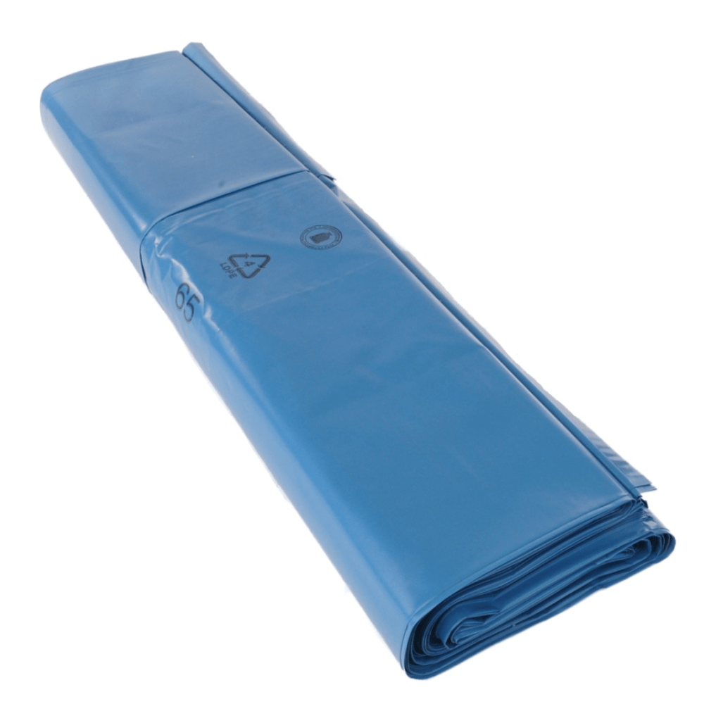 Pictured is a stack of blue EMIL DEISS KG garbage bags (660+520x1500x0.1mm, 100my), ideal as a 240-liter waste bag Type 150 for efficient waste management. The carton contains 80 rolls. Recycling and material symbols are printed on the top bag.