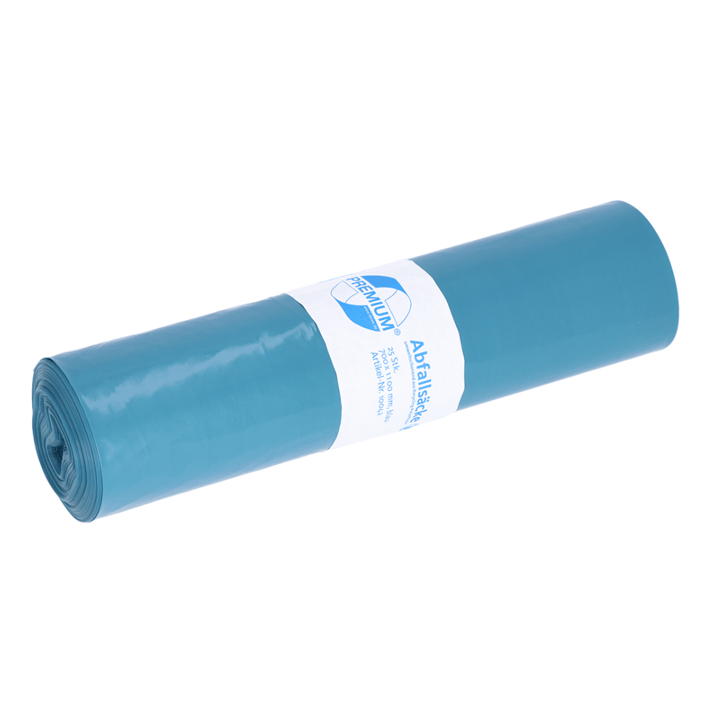 A compact roll of blue garbage bags made from recycled material by EMIL DEISS KG (GmbH + Co.). Each bag has a white label with text and logo in the middle and is designed to hold up to 120 liters of waste.