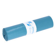 A compact roll of blue garbage bags made from recycled material by EMIL DEISS KG (GmbH + Co.). Each bag has a white label with text and logo in the middle and is designed to hold up to 120 liters of waste.