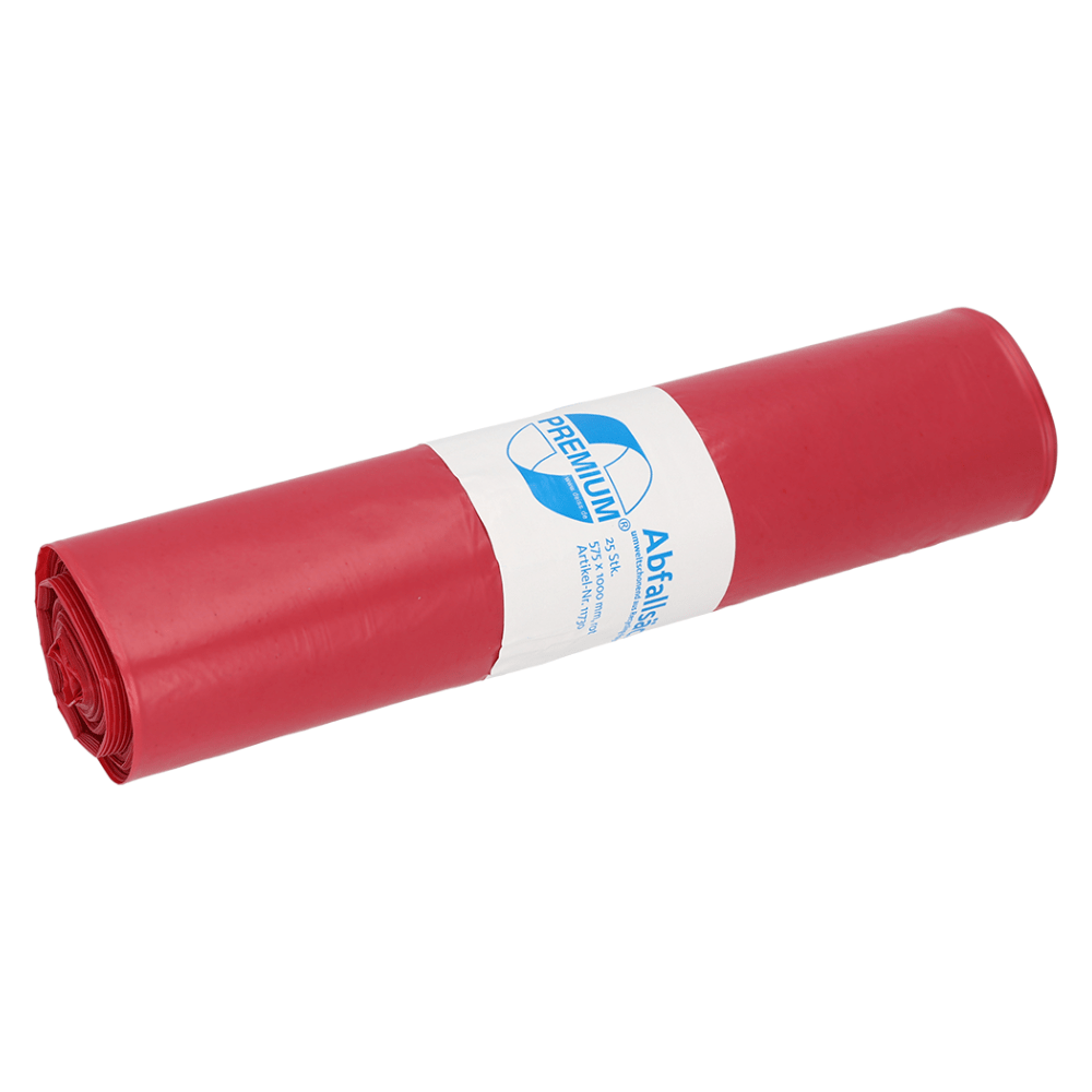 A rolled-up trash bag DEISS 11730, manufactured by EMIL DEISS KG (GmbH + Co.) in Germany, displays a white label with text and logo. It emphasizes its capacity of 70 liters and the commitment to using recycled materials.