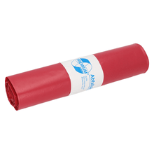 A rolled-up trash bag DEISS 11730, manufactured by EMIL DEISS KG (GmbH + Co.) in Germany, displays a white label with text and logo. It emphasizes its capacity of 70 liters and the commitment to using recycled materials.
