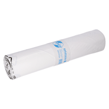 A rolled-up white plastic garbage bag from EMIL DEISS KG (GmbH + Co.) with a blue label displaying the model DEISS 16001 - 700x1100 mm Type 60. The label proudly shows its capacity of 120 liters and emphasizes the brand's commitment to using recycled materials. Each roll contains 25 pieces.