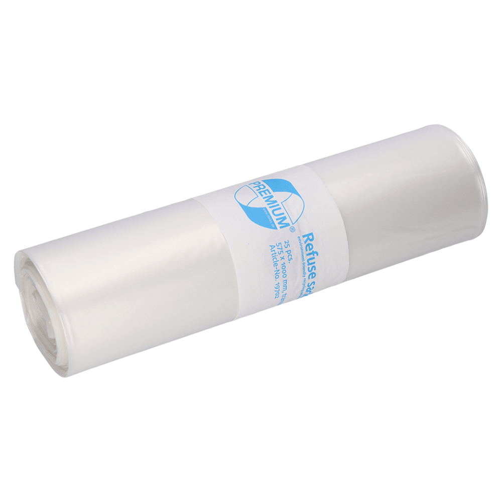 In front of a plain background lies a compactly rolled-up package of DEISS Premium 19702 garbage bags. These transparent 70-liter garbage bags from EMIL DEISS KG are perfect for efficient waste management and are ideal for larger disposal quantities.